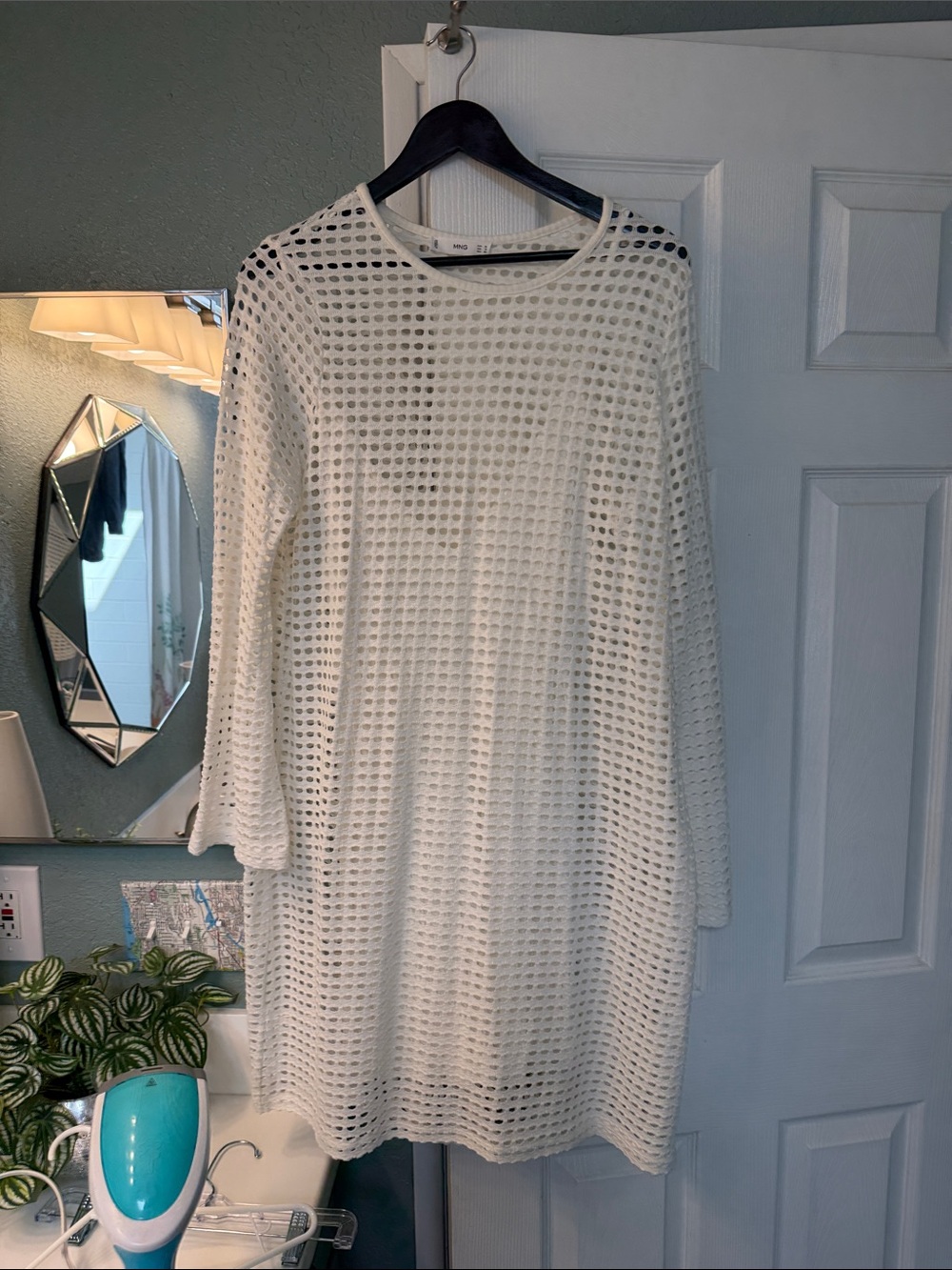 Mango White Crochet Long-Sleeve Shift Dress